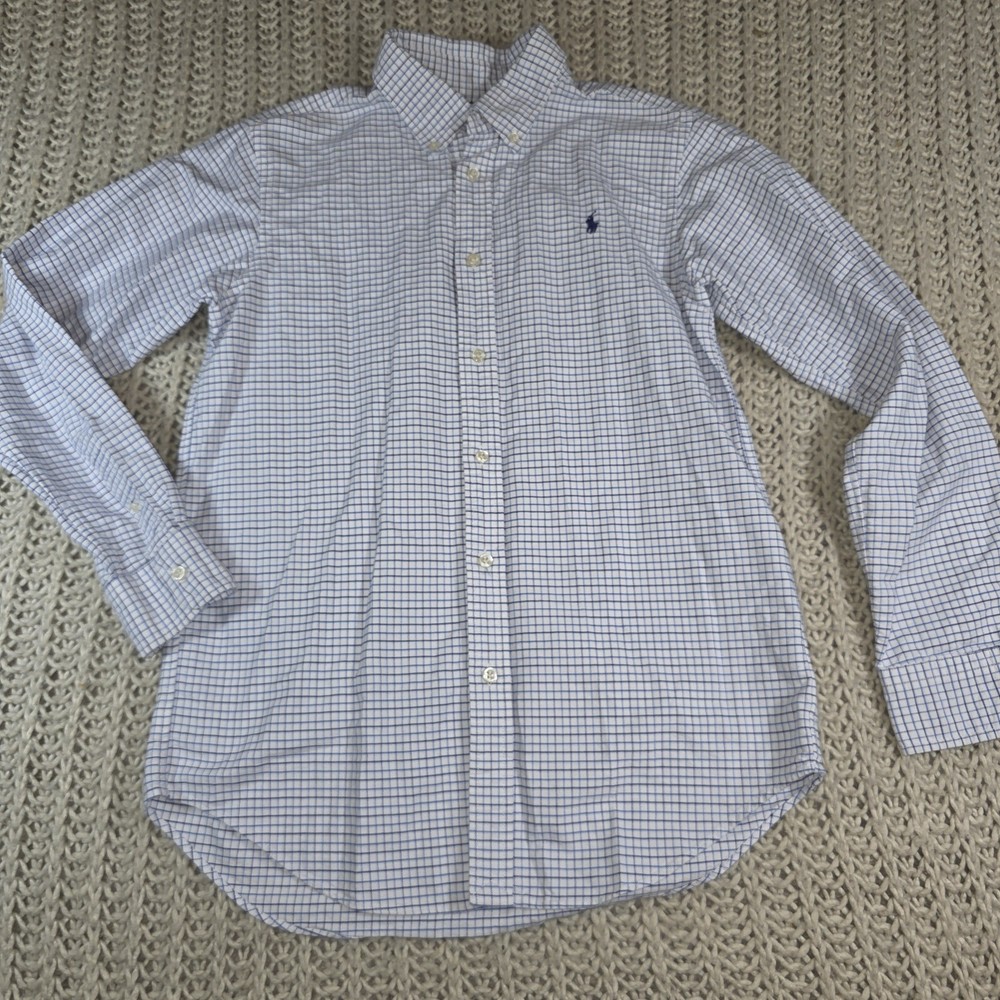 Ralph Lauren Button up Shirt Boys Youth 18 Checked Plaid White Blue 100% cotton