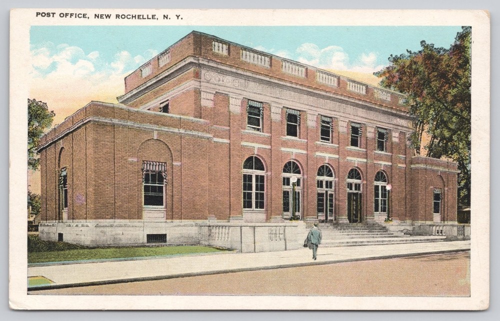 Post Office New Rochelle NY White Border Vintage Postcard Ruben Pub