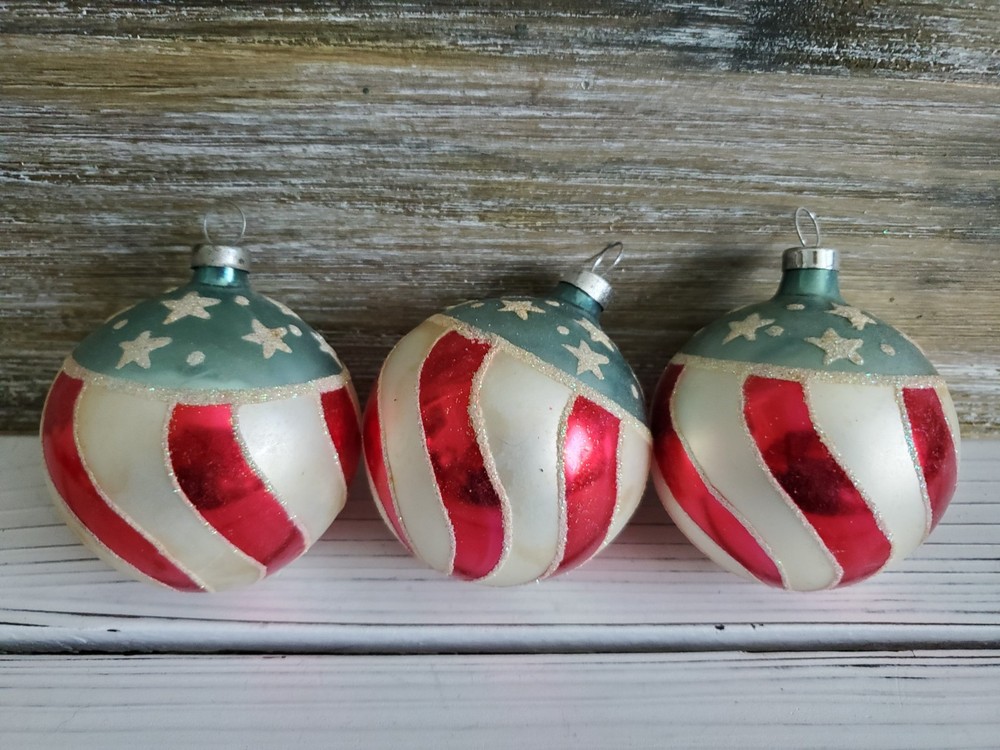 Glass Patriotic, Red, White & Blue Christmas Tree Ornaments