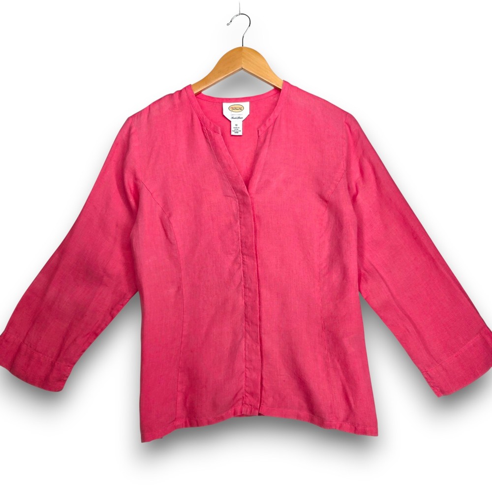 TALBOTS 100% Irish Linen Pink Split V Neck Button Down Shirt Top Blouse Size 10