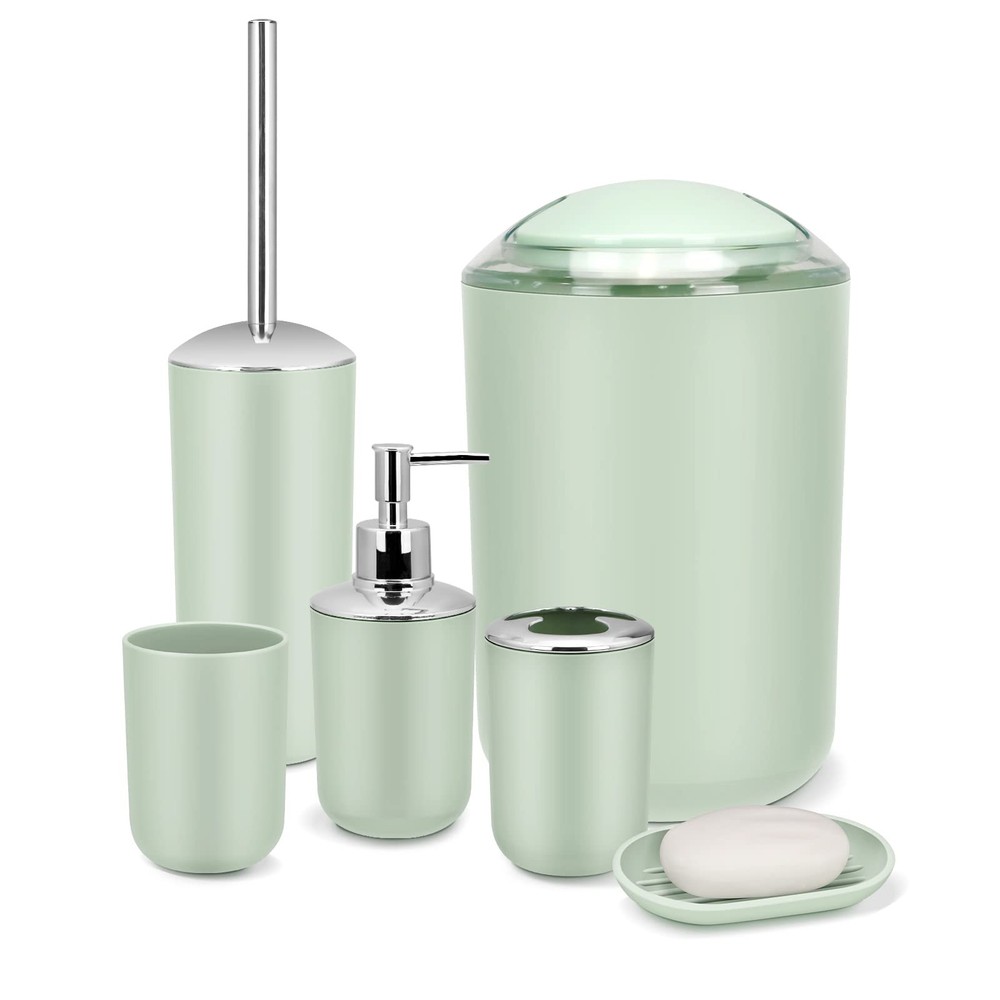 Bathroom Accessory Set - 6 Piece Green Bathroom Accessories Set with Trash Ca...