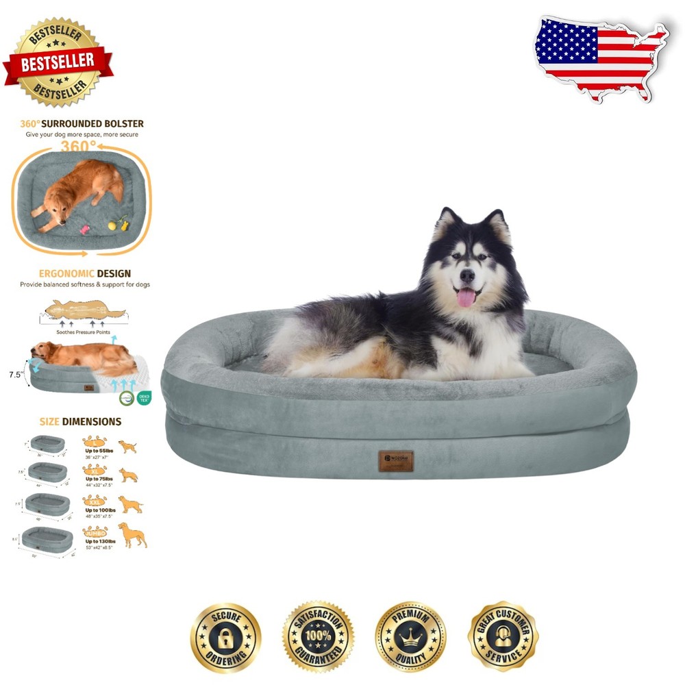 XXL Grey Memory Foam Dog Bed with Washable Cover & Supportive Bolsters
