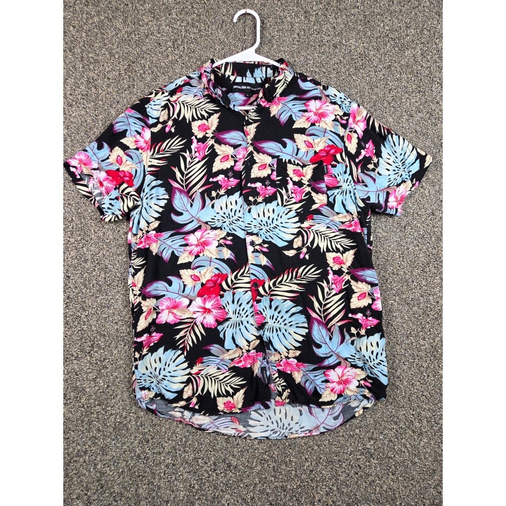 Molokai Surf Co Hawaiian Resort Shirt Mens L Black Floral Rayon Relaxed Fit