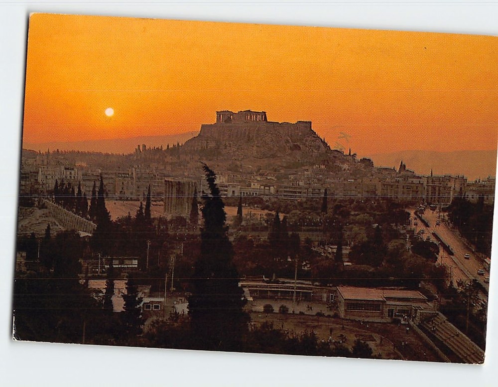 Postcard Sunset from OIympieion Acropolis Athens Greece