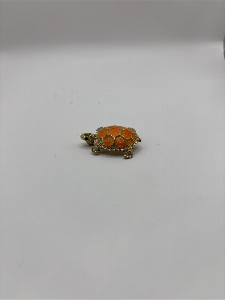 Vintage Turtle Brooch Gold Tone Orange Enamel Figural Pin Animal Jewelry