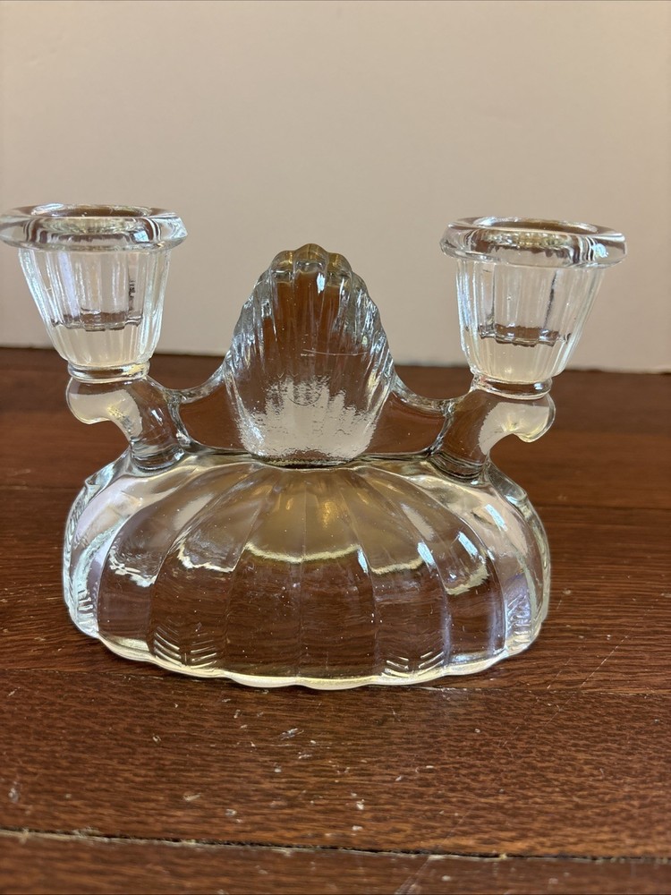 Vintage 1940s L E Smith Glass Double Light Candlestick Candle Holder Clear Glass