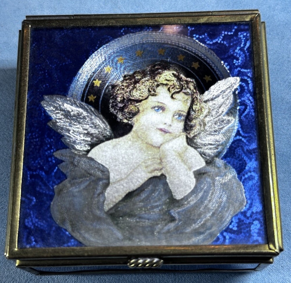 Blue Glass Brass Angel Cherub Dresser Trinket Jewelry Hinged Box Thomas Cathey