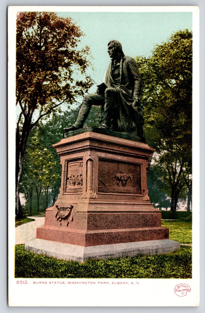 Detroit Pub~Albany New York~Burns Statue @ Washington Park~Vintage Postcard