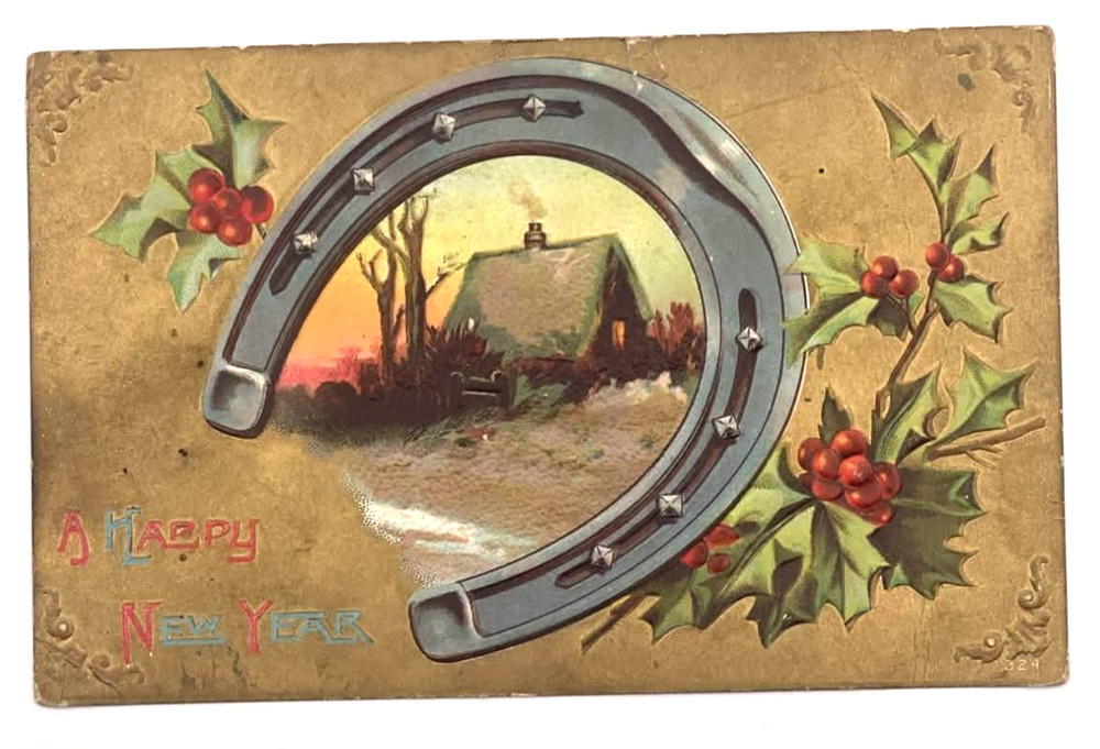 Horseshoe Holly Cottage Scene Embossed Happy New Year Postcard