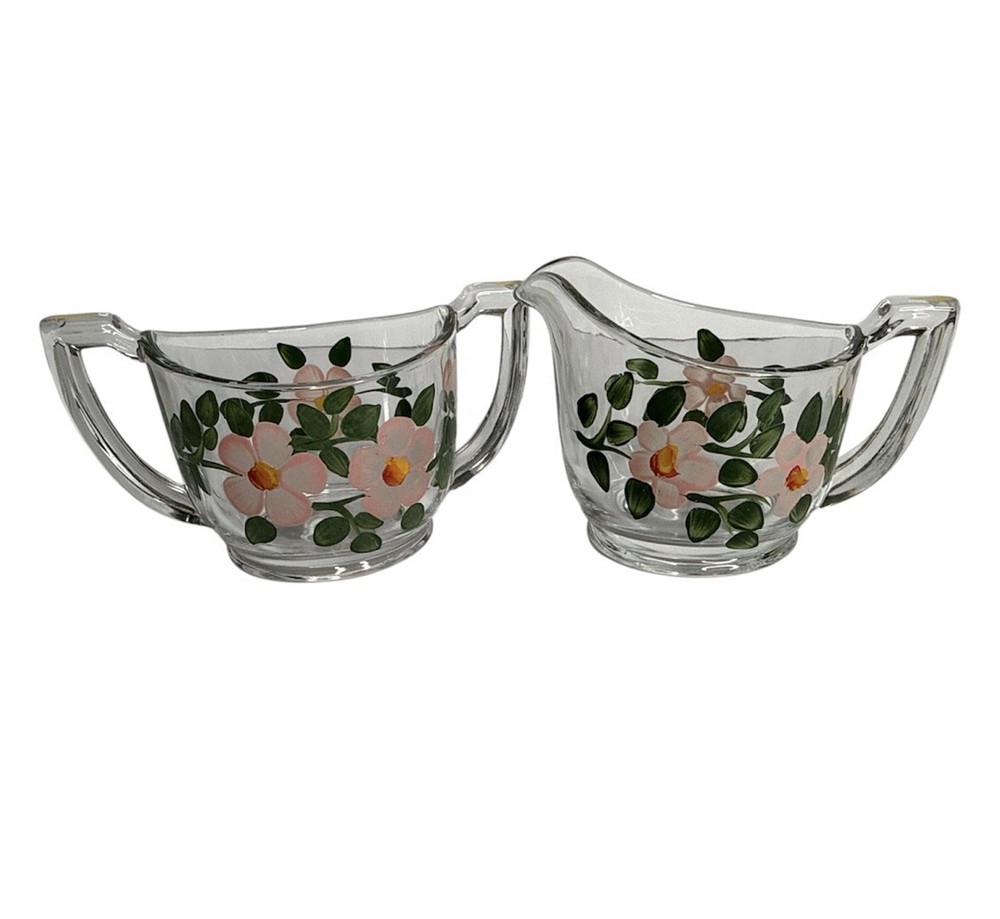 Vintage Hand Painted Glass Creamer Sugar Set Pink Flowers Gay Fad Style