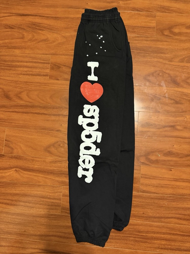 sp5der Black Cotton Fleece Graphic Print Logo Sweatpants M Drawstring Tapered