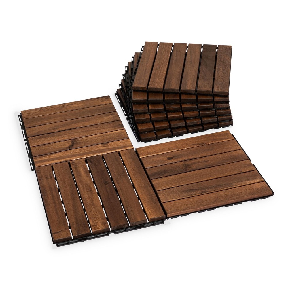 Acacia Wood Interlocking Deck Tiles for Patio 9-Piece Set with 6 Slats VR-image