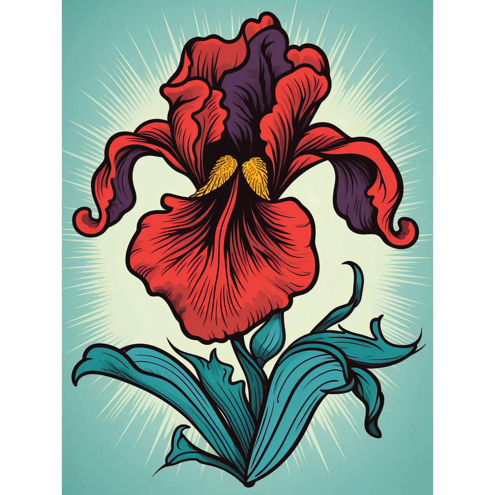 Red Iris Flower Old School USA Tattoo Americana 50s Wall Art Poster Print Giant