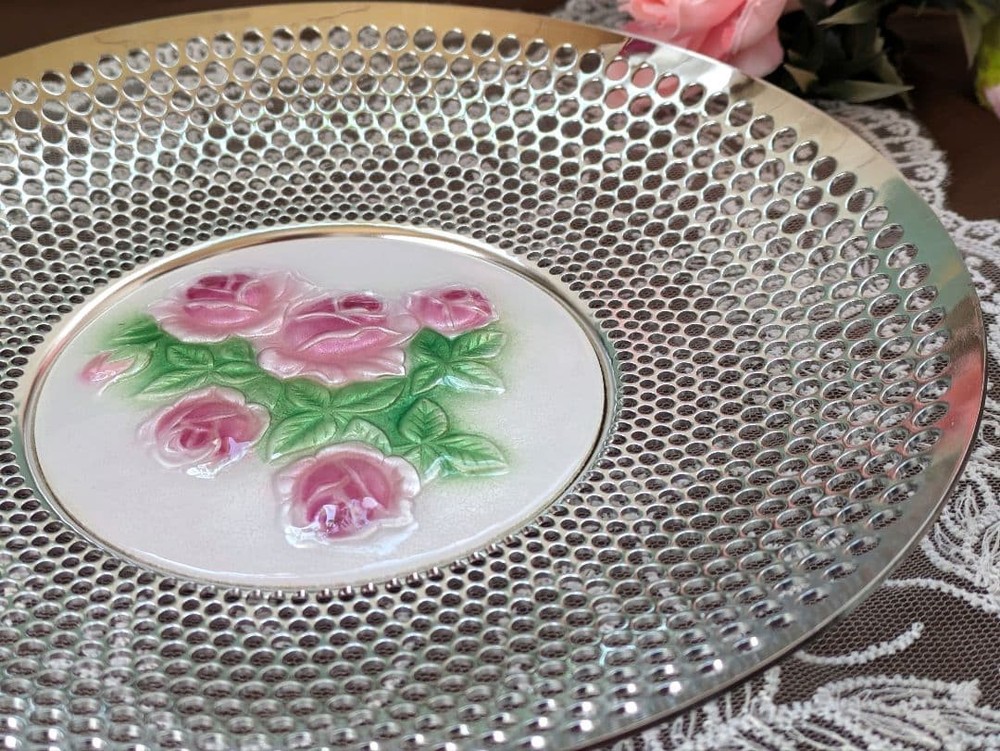 Japanese Cloisonne Plate Ando Studio Tray Rose Flower Metal Decorative 8.2 inch