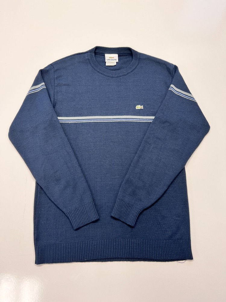 Vintage Lacoste Blue Crewneck Sweater Mens Made In France Stripe Wool
