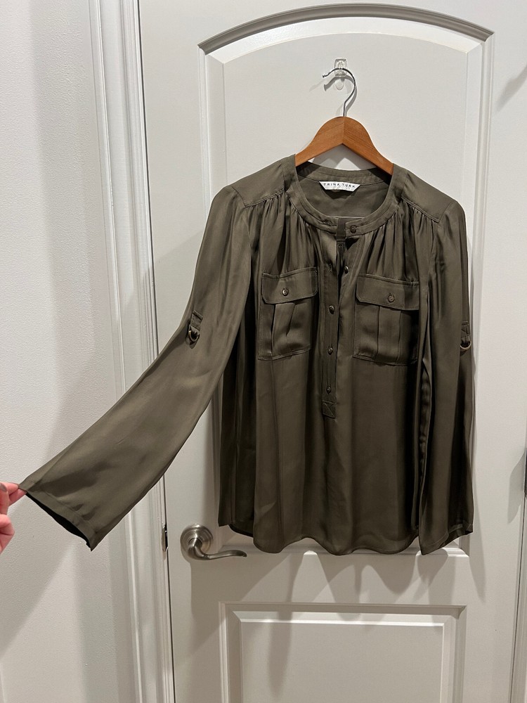 Trina Turk Olive Green Silk Blouse Top Roll -Up Sleeves ~~ Size 6