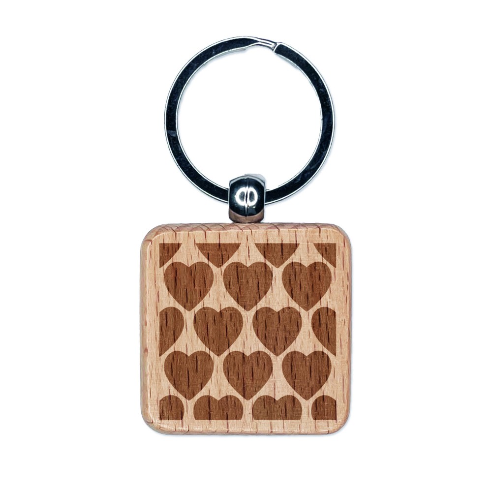 Heart Pattern Background Engraved Wood Square Keychain Tag Charm