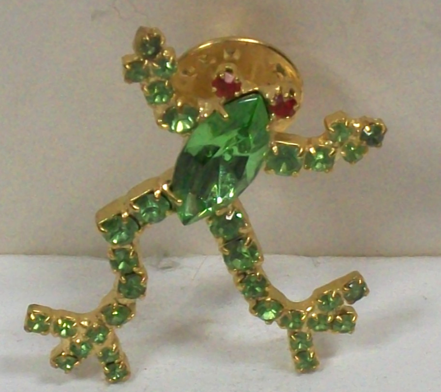 Marquise Green Rhinestone Frog Pin Red Eyes Vintage Small Gold Tone Brooch