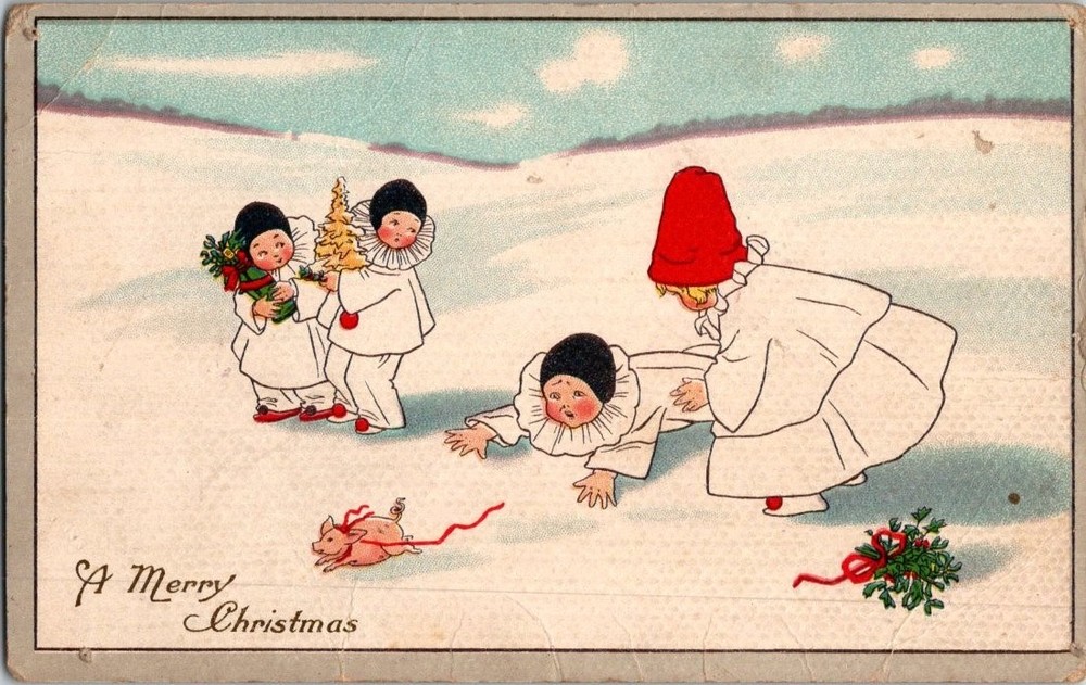 Vintage A Merry Christmas Clown Children Snow Pig Holly Postcard 1900s
