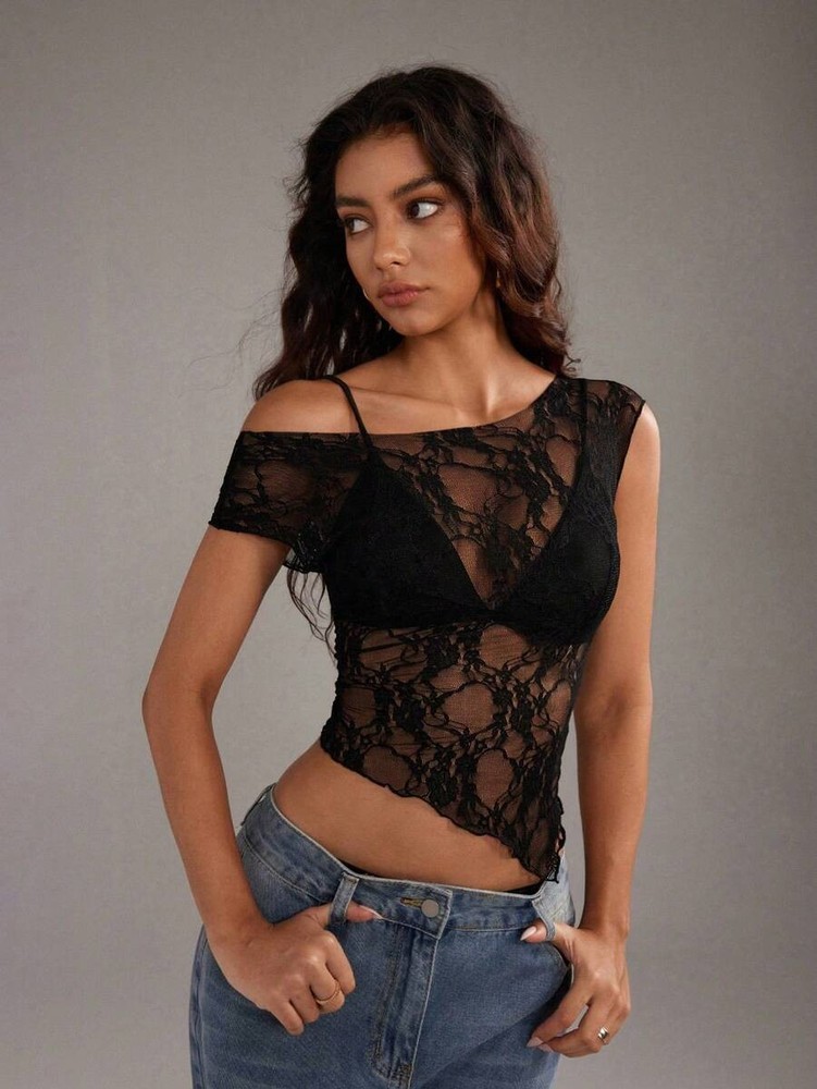 Floral Lace Sheer Fitted Crop Top Asymmetrical Hem Side Slit Short Sleeve