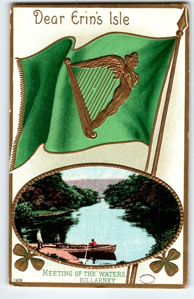 St Patrick's Day Postcard Embossed Harp Flag Killarney Waters Boat Julius Bien