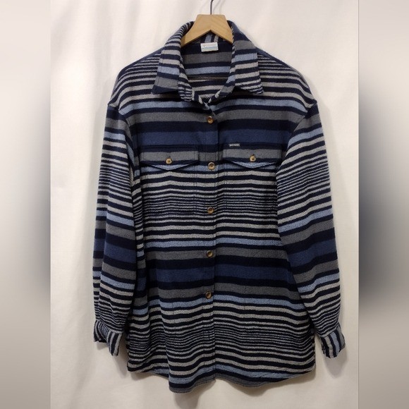 Columbia Stripped Calico Basin Shirt Jacket Women's L Blue Boho Retro Outdoor