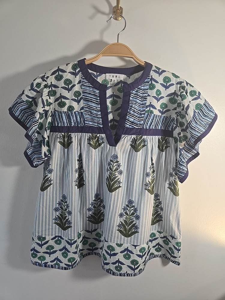THML Puff Sleeve Blue Floral Cotton Top Blouse Size M