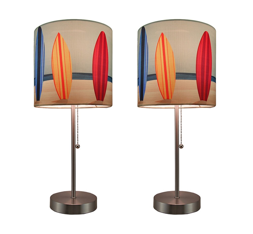 Zeckos Set of 2 Stainless Steel Table Lamps with Decorative Surfboard Shades