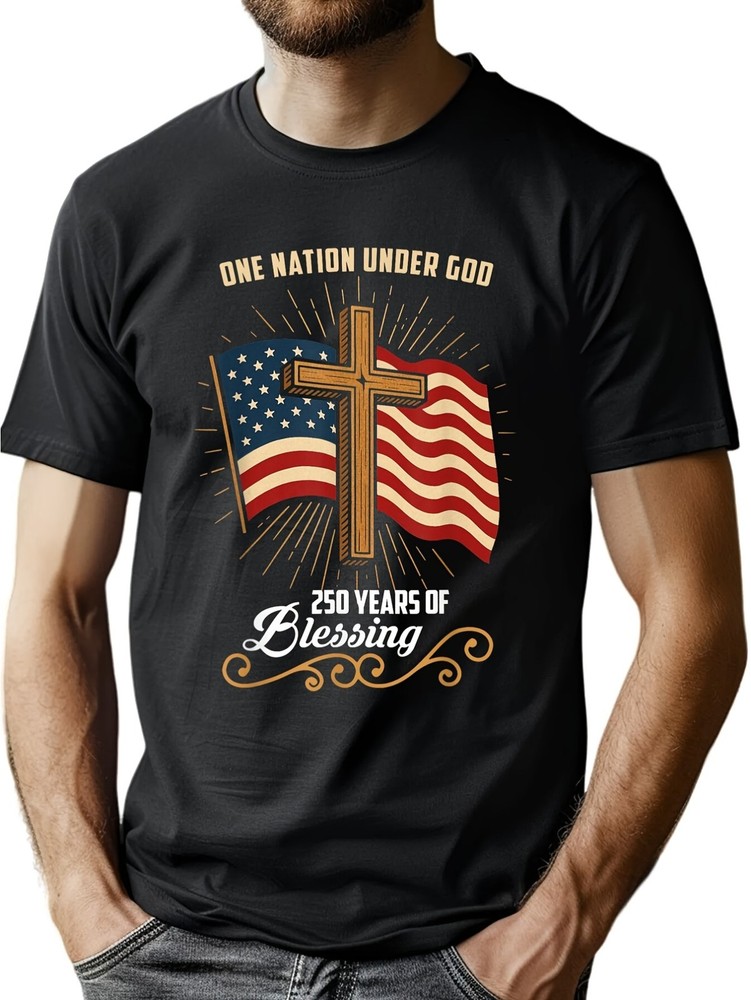 USA 250 Years T Shirt Flag Cross Patriotic Faith Freedom Graphic Casual Tee