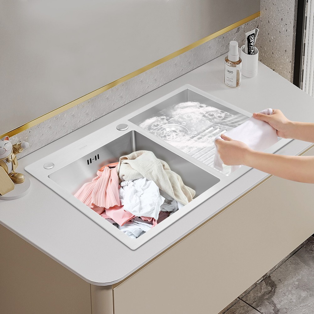 Stainless Steel Double Laundry Sink with X-Shaped Drain Grooves