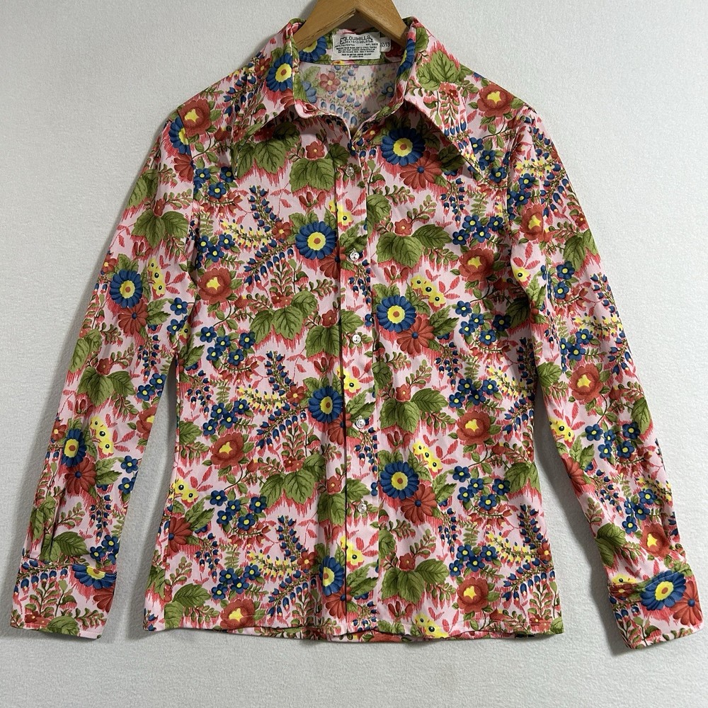 Vtg Loubella Extendables Shirt Womens Small Groovy Mod Floral Dagger Collar 70s