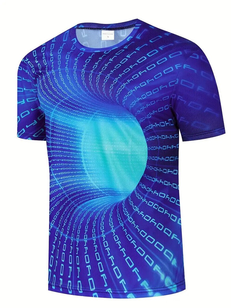 T Shirts Novelty Fashion 3D Optical Illusion Blue Short Sleeve Tee Silky Men Tee