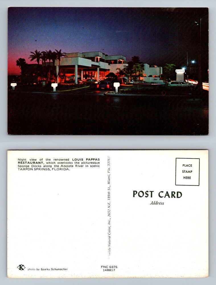 Tarpon Springs, FL-Florida, Louis Pappas Restaurant Night View Vintage Postcard