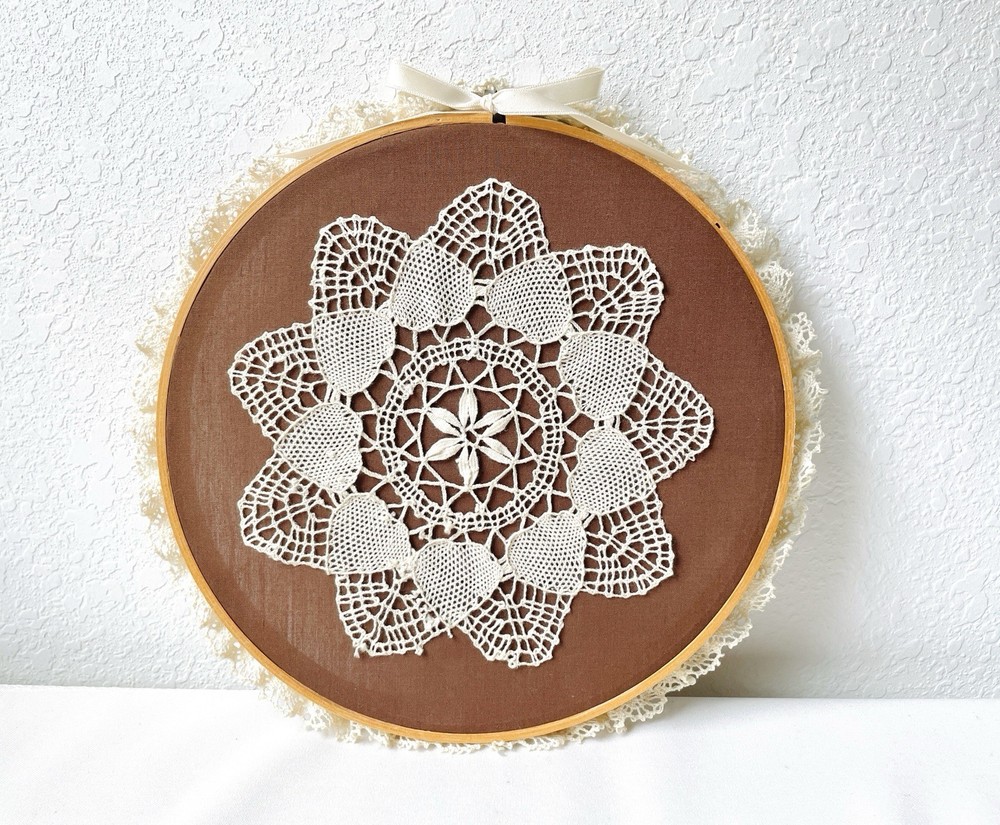 Vintage needle lace doily wall art in hoop frame with lace ribbon trim