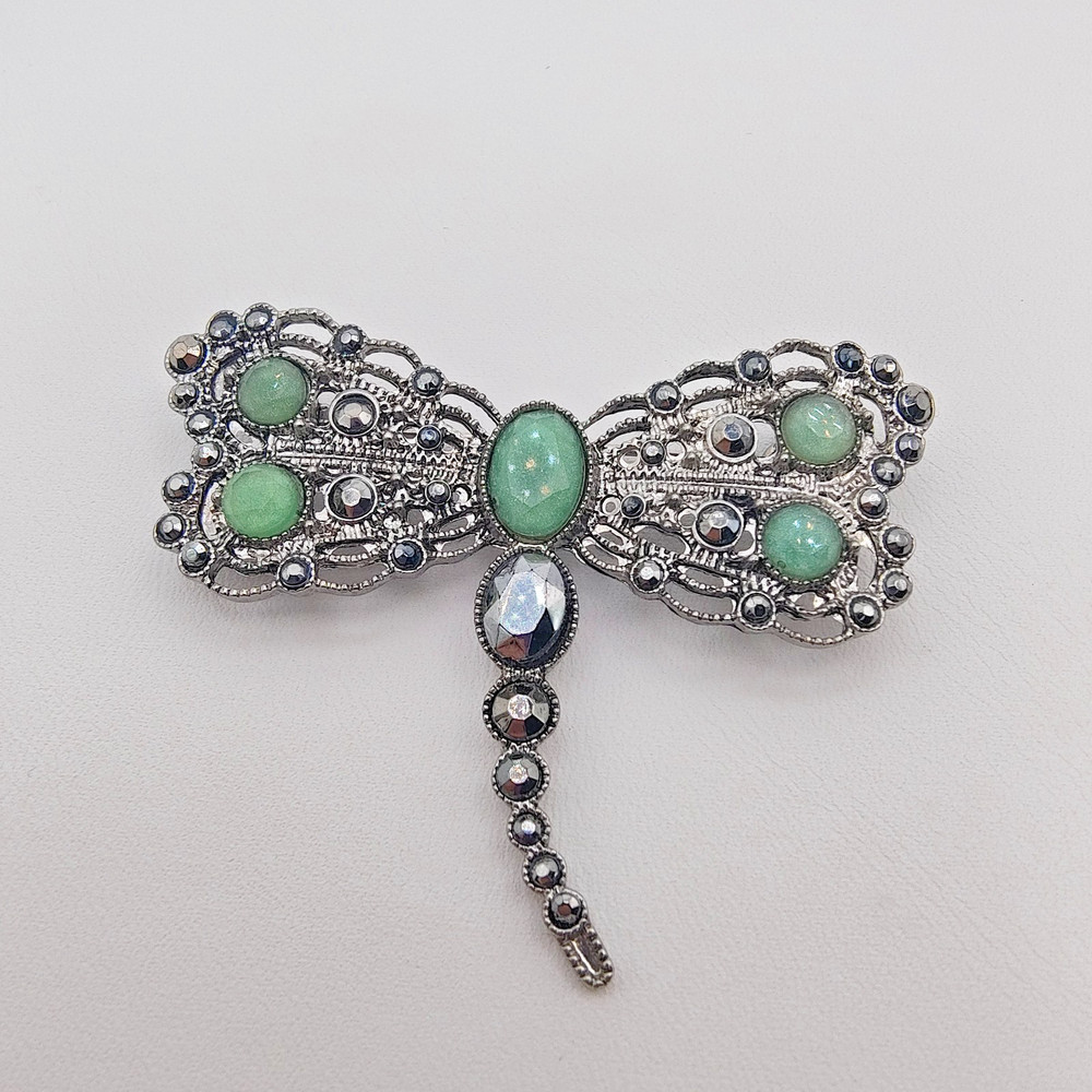 Vintage Liz Claiborne Dragonfly Brooch Silver Tone Green Whimsigoth Cottagecore