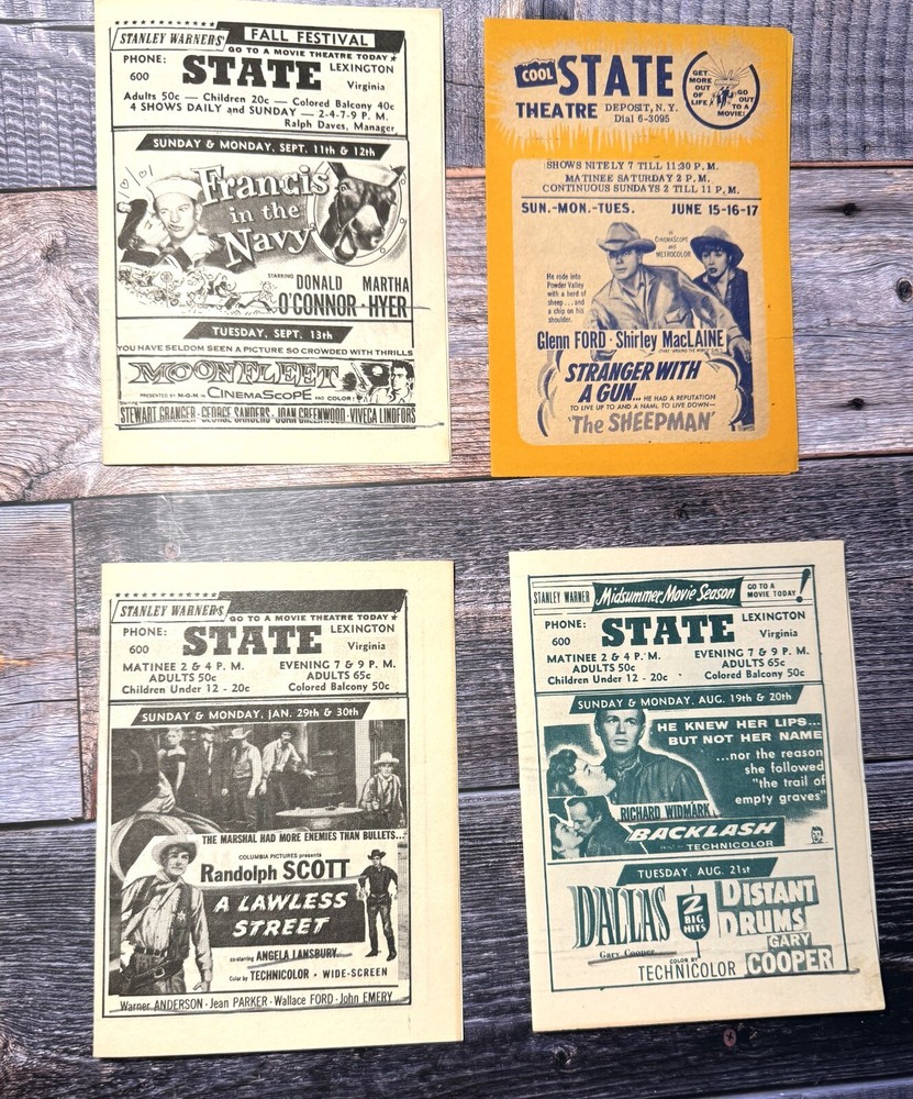 4 Vintage 1950s Movie Calendar Flyers State and Lyric Theaters Lexington VA, NY