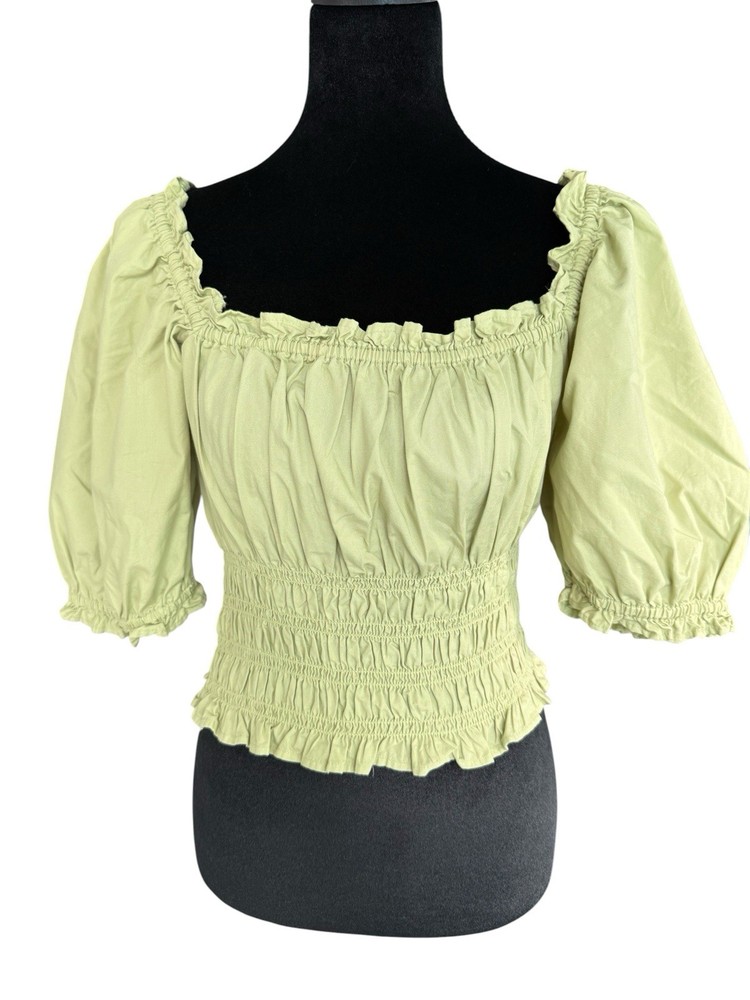 Levi's Light Green Cotton Smocked Puff Sleeve Square Neck Cropped Blouse L
