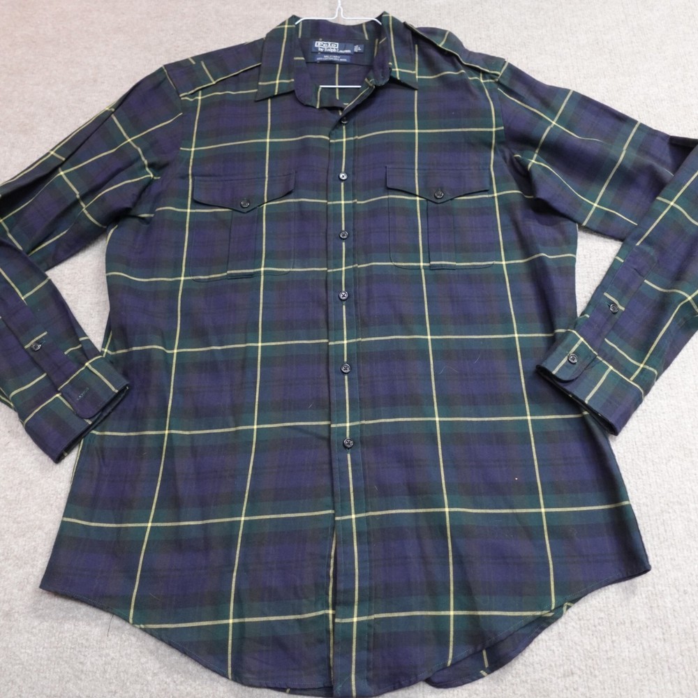 Ralph Lauren Blue Green Plaid Cotton Wool Military Shirt Large with Epaulets