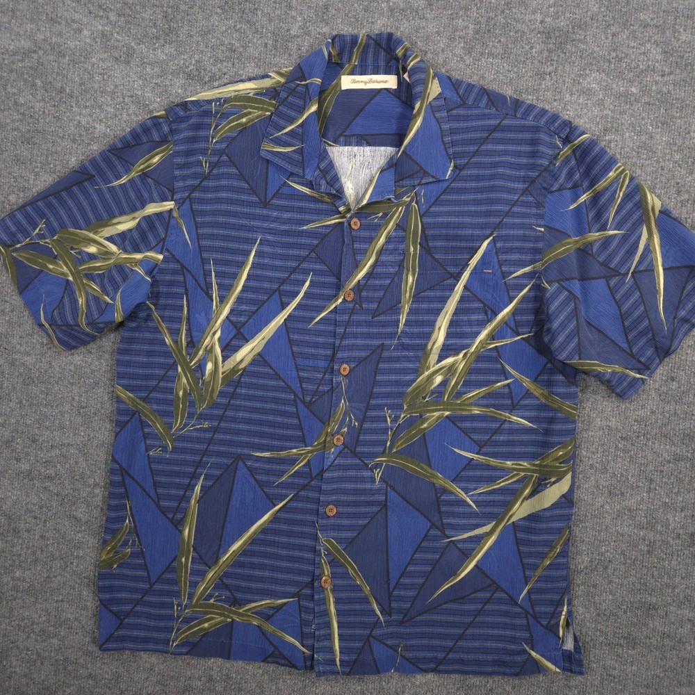 Tommy Bahama Silk Camp Shirt Mens L Blue Tropical Floral Textured Loop Collar