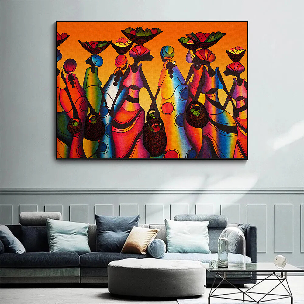 Abstract African Black Tribal Women With Fruits Poster Canvas Painting Wall Art-image