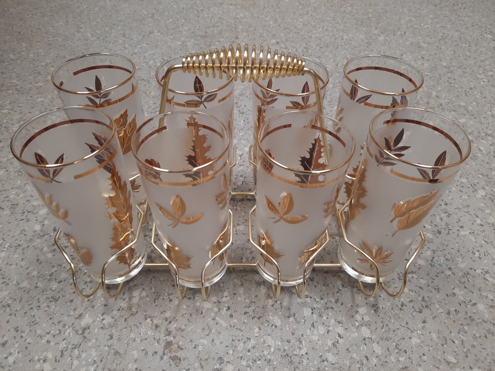 1950’s MCM Libby Gold Leaf Frosted Glasses Set of 8 With Metal Caddy