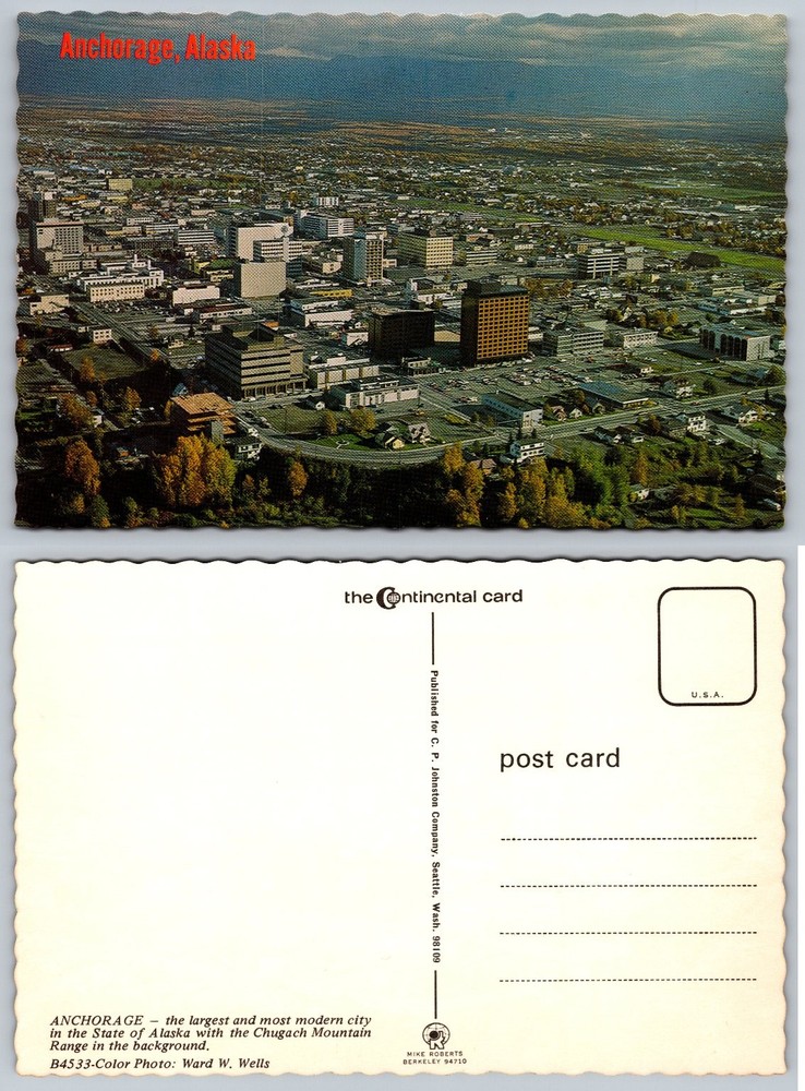 Vintage Anchorage Alaska Aerial Cityscape Postcard Chugach Mountains Skyline
