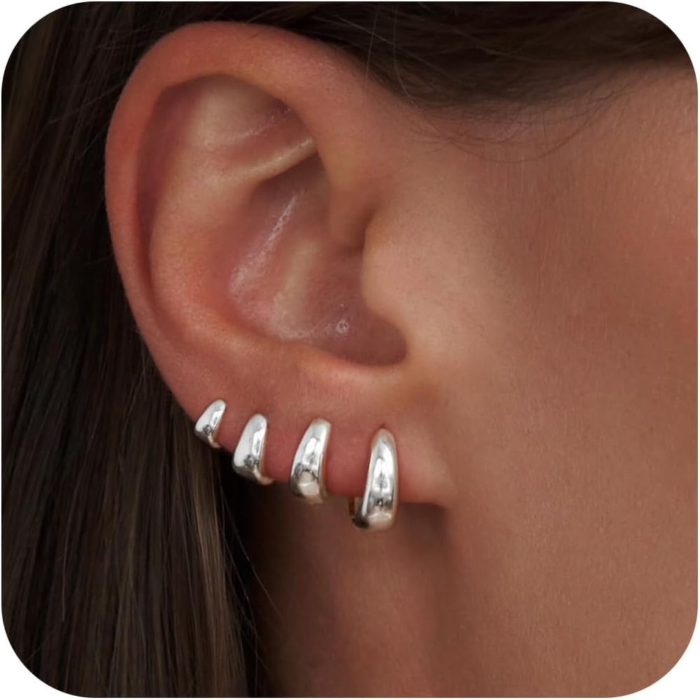 Small Silver Chunky Hoop Earrings Set for Women, Sterling Silver Huggie Earrings