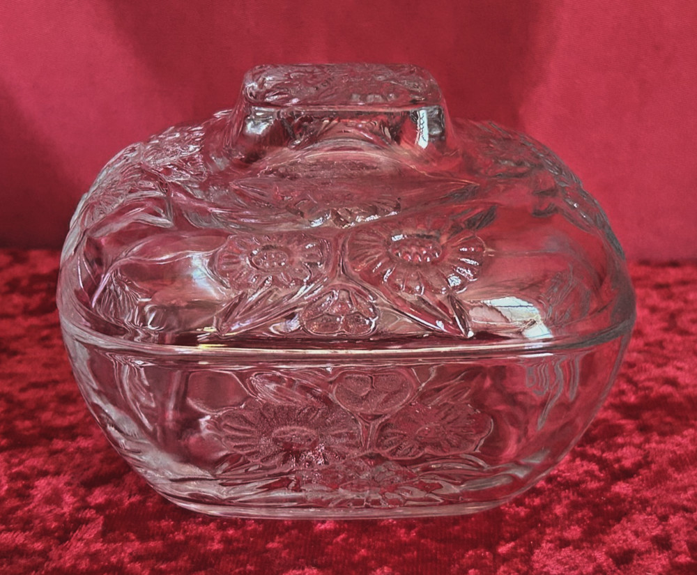 Vintage KIG Pressed Glass Candy Dish + Lid Raised Daisy Floral Indonesia Square