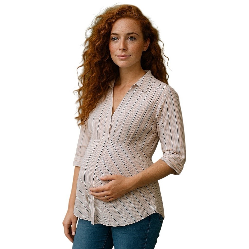 Maternity Stretch Blouse ¾ Sleeve V-Neck White Pink Striped Women's Medium