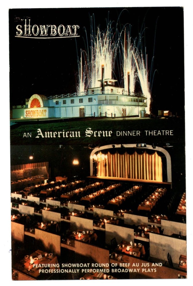 Tampa Bay Florida Showboat Dinner Theater fireworks night vintage postcard
