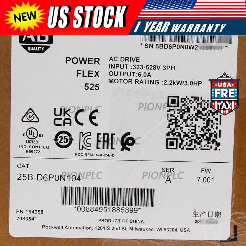 Sealed Genuine 25B-D6P0N104 /A PowerFlex 525 2.2kW 3Hp AC Drive ！ US Free Tax