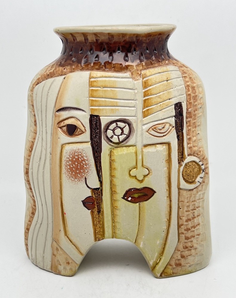 Vintage Mid Century Modern Picasso Style Split Faces Vase Two Sided 7” T Ceramic