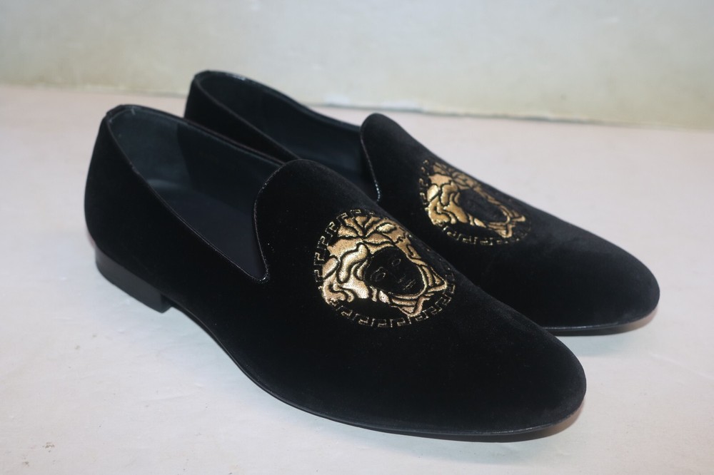Versace Men's Black Velvet Medusa Head Gold Logo Loafers Size 42