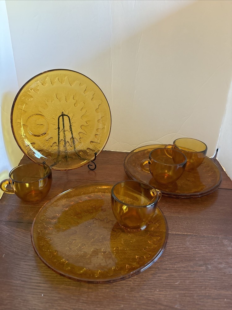 Vintage MCM Sunburst Plate & Cup 8 Piece Luncheon Set, Amber Gold, Indiana Glass